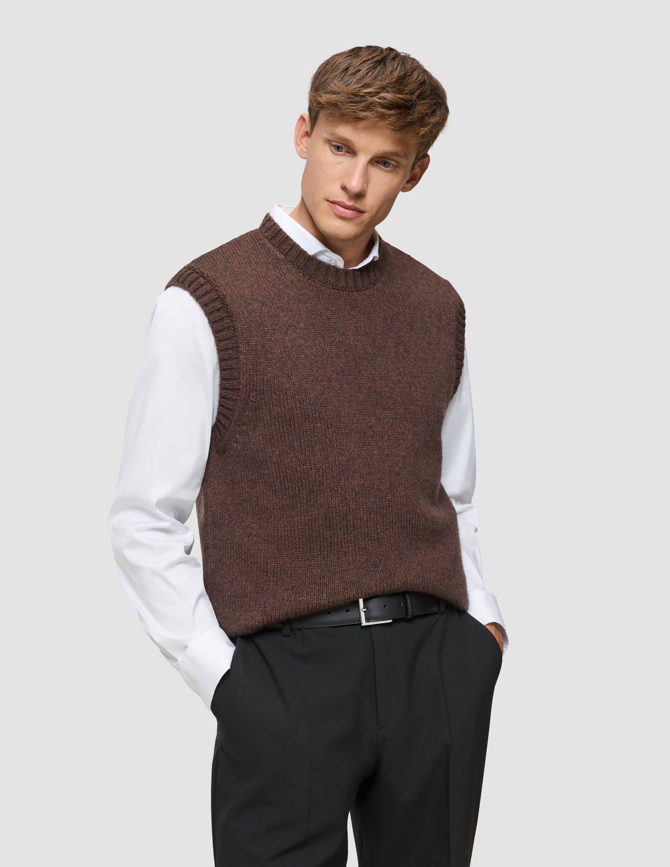 Chunky Soft Wool Knit Vest Saddle Brown Melange